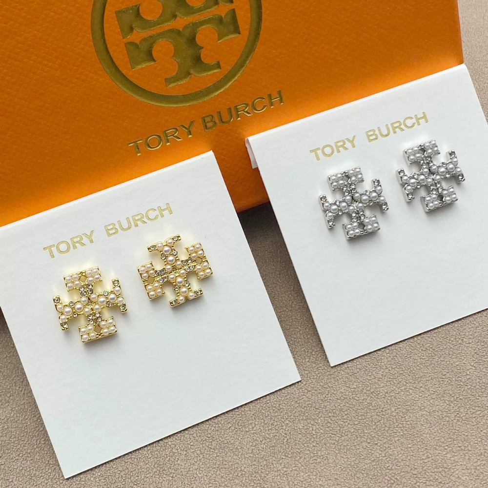 Tory Burch Gold Plated Double Micro Pave Cross Stud Earrings